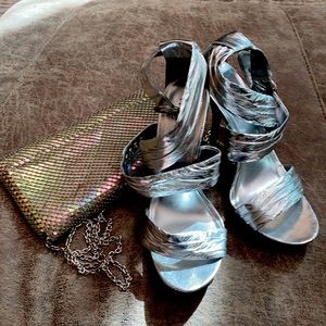 Paprika Silver Glitter Stiletto Platform Heels With Open Toe. Size 7.5